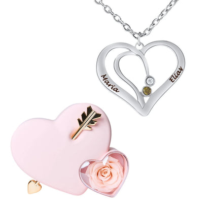 Coffret Amour Éternel & Collier Cœur Entrelacé avec Prénoms Gravés et Pierres de Naissance