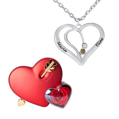 Coffret Amour Éternel & Collier Cœur Entrelacé avec Prénoms Gravés et Pierres de Naissance