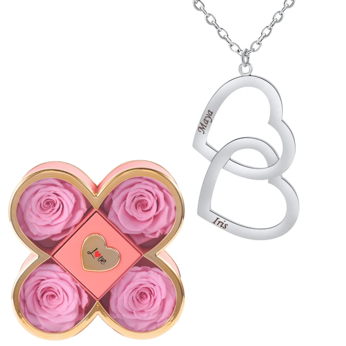 Coffret Chance Éternelle & Collier Double Coeur Personnalisé Deux Prénoms