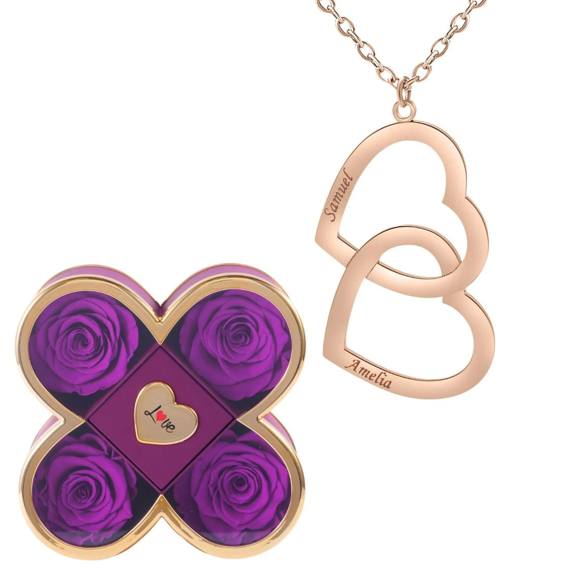 Coffret Chance Éternelle & Collier Double Coeur Personnalisé Deux Prénoms