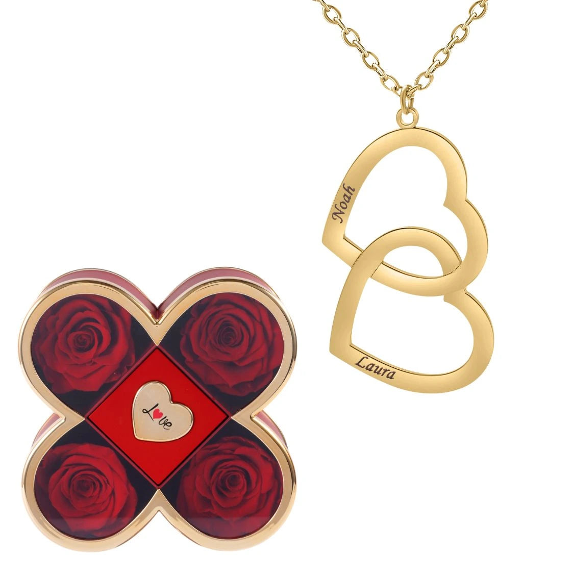 Coffret Chance Éternelle & Collier Double Coeur Personnalisé Deux Prénoms