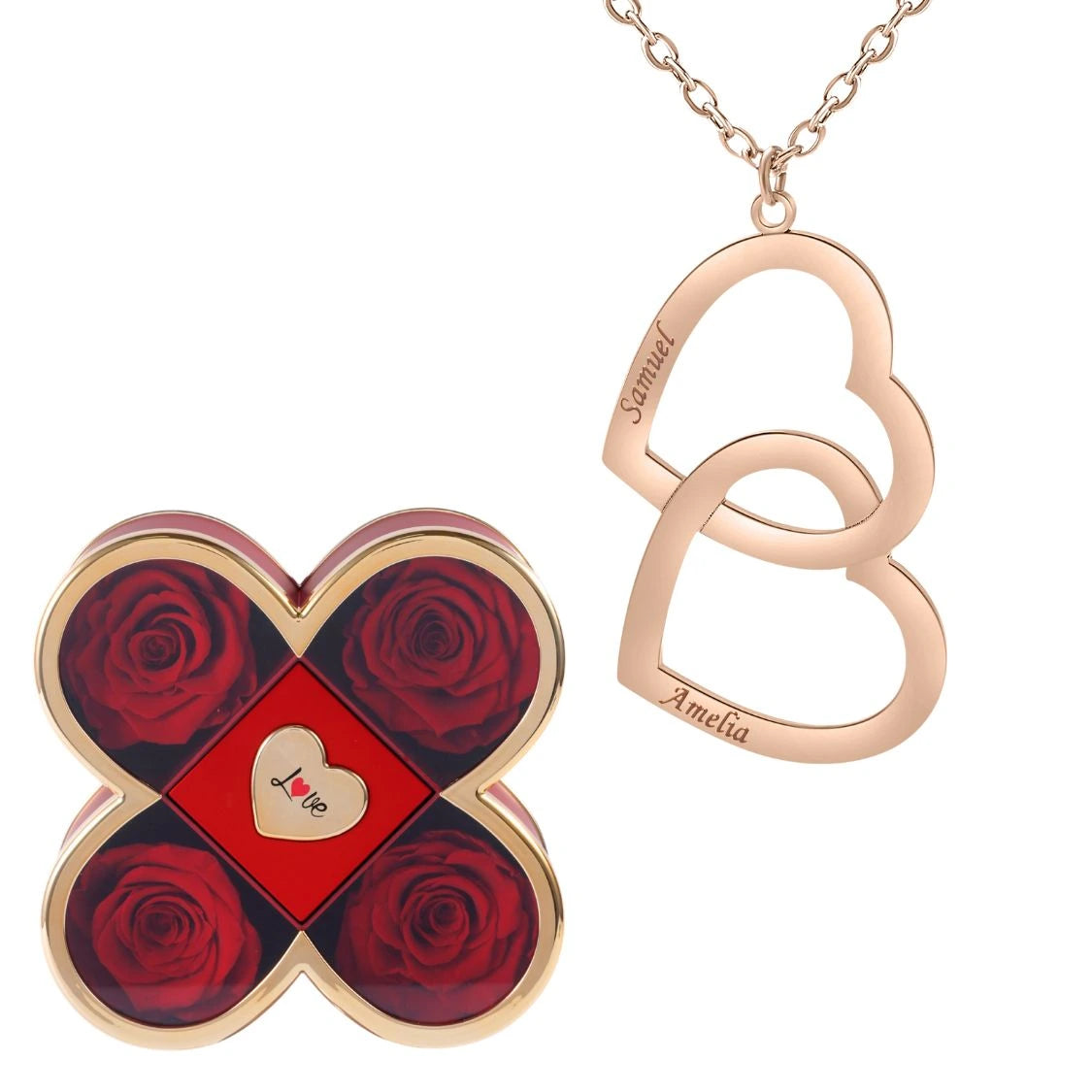 Coffret Chance Éternelle & Collier Double Coeur Personnalisé Deux Prénoms