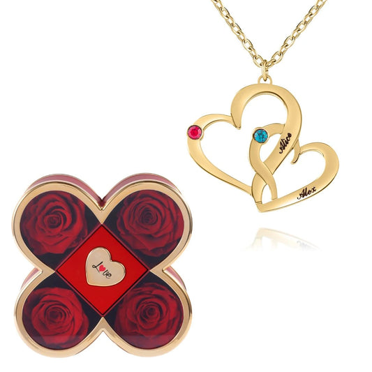 Coffret Chance Éternelle & Collier Cœurs Entrelacés avec Pierres de Naissance et Prénoms Gravés