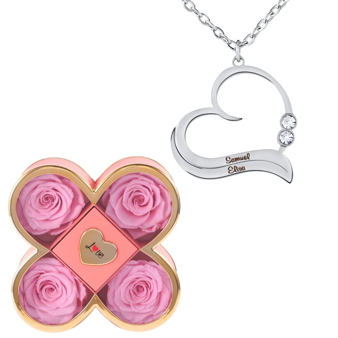 Coffret Chance Éternelle & Collier Cœur Ouvert avec Prénoms Gravés et Cristaux Scintillants