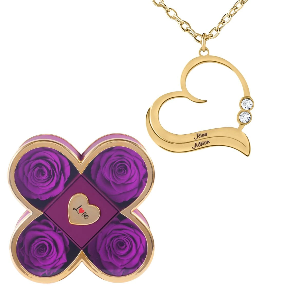 Coffret Chance Éternelle & Collier Cœur Ouvert avec Prénoms Gravés et Cristaux Scintillants
