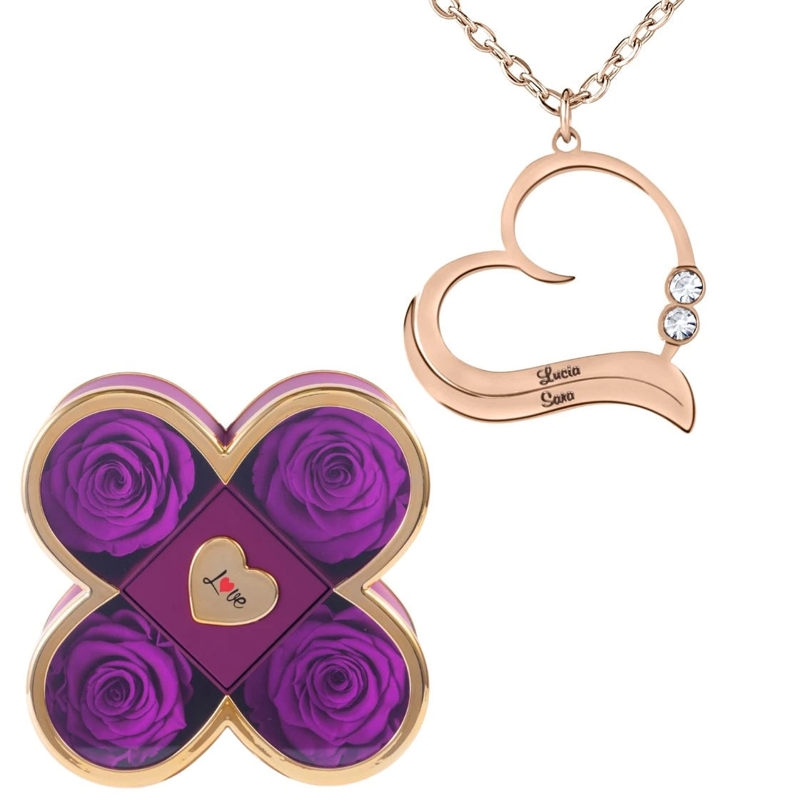 Coffret Chance Éternelle & Collier Cœur Ouvert avec Prénoms Gravés et Cristaux Scintillants