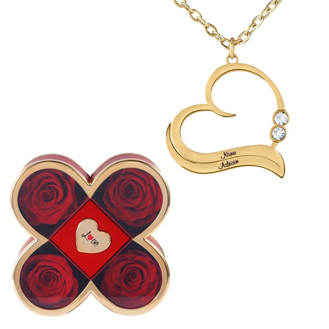 Coffret Chance Éternelle & Collier Cœur Ouvert avec Prénoms Gravés et Cristaux Scintillants