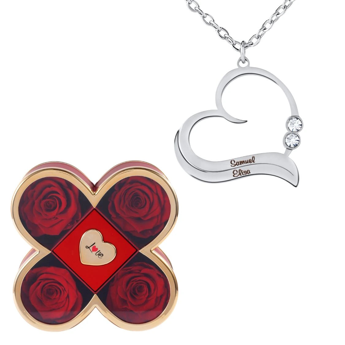 Coffret Chance Éternelle & Collier Cœur Ouvert avec Prénoms Gravés et Cristaux Scintillants