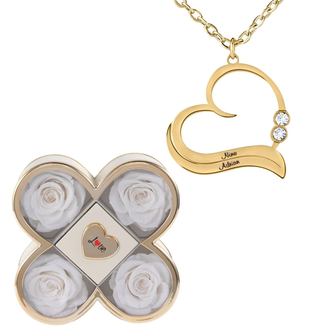 Coffret Chance Éternelle & Collier Cœur Ouvert avec Prénoms Gravés et Cristaux Scintillants