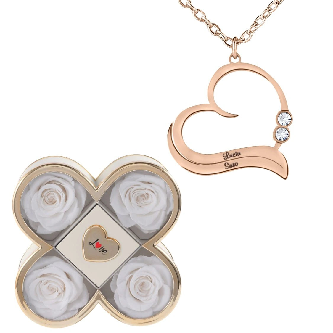 Coffret Chance Éternelle & Collier Cœur Ouvert avec Prénoms Gravés et Cristaux Scintillants