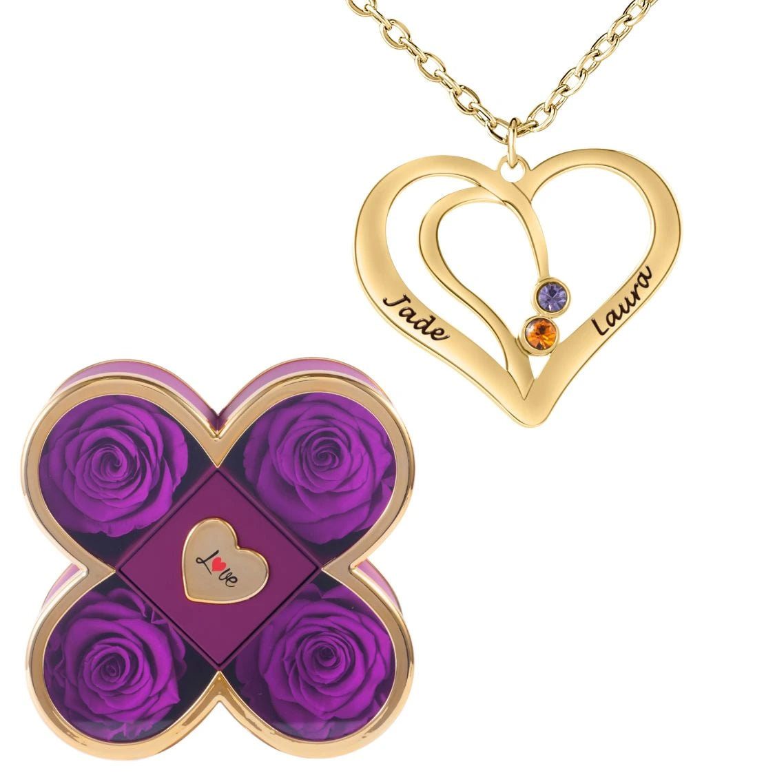Coffret Chance Éternelle & Collier Cœur Entrelacé avec Prénoms Gravés et Pierres de Naissance