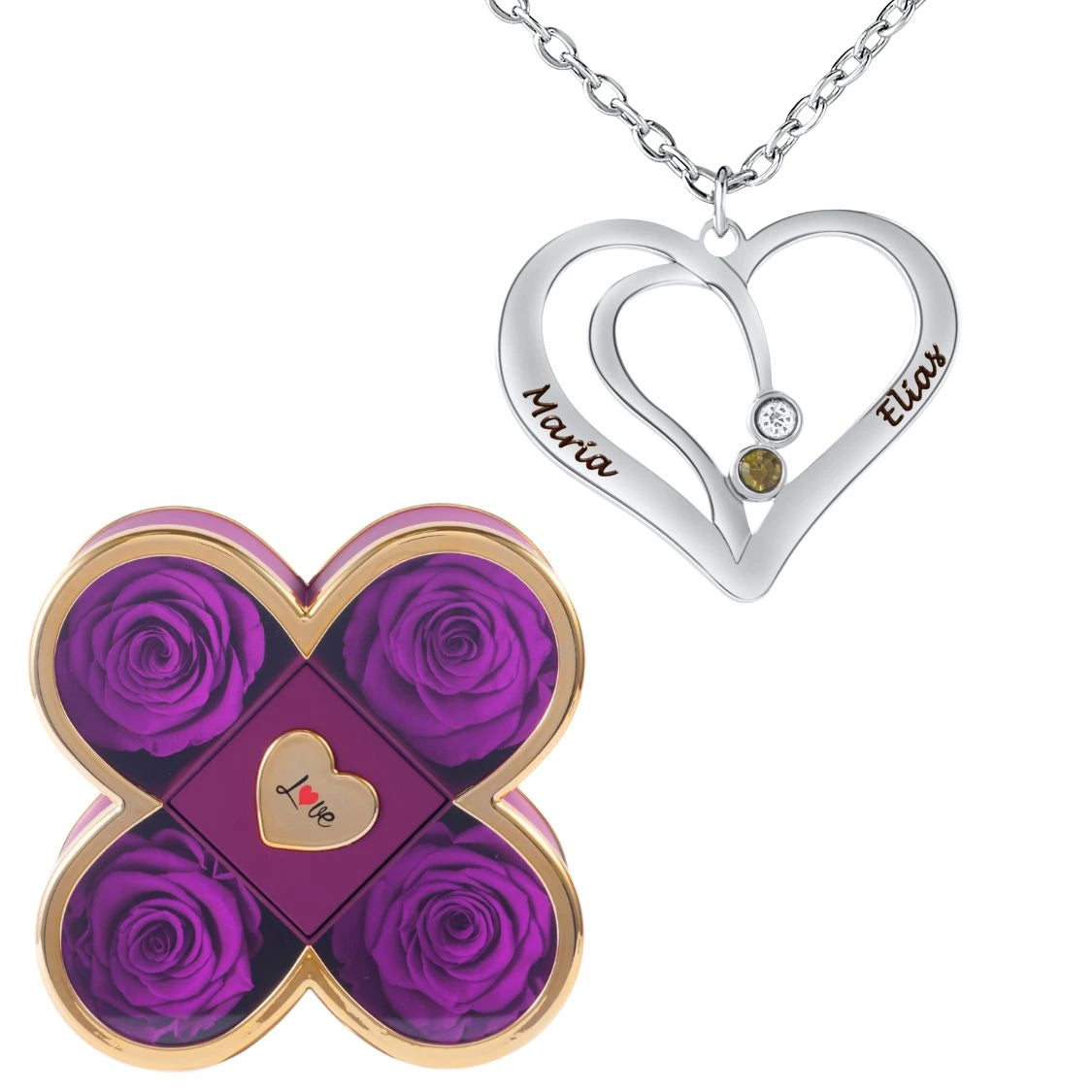 Coffret Chance Éternelle & Collier Cœur Entrelacé avec Prénoms Gravés et Pierres de Naissance