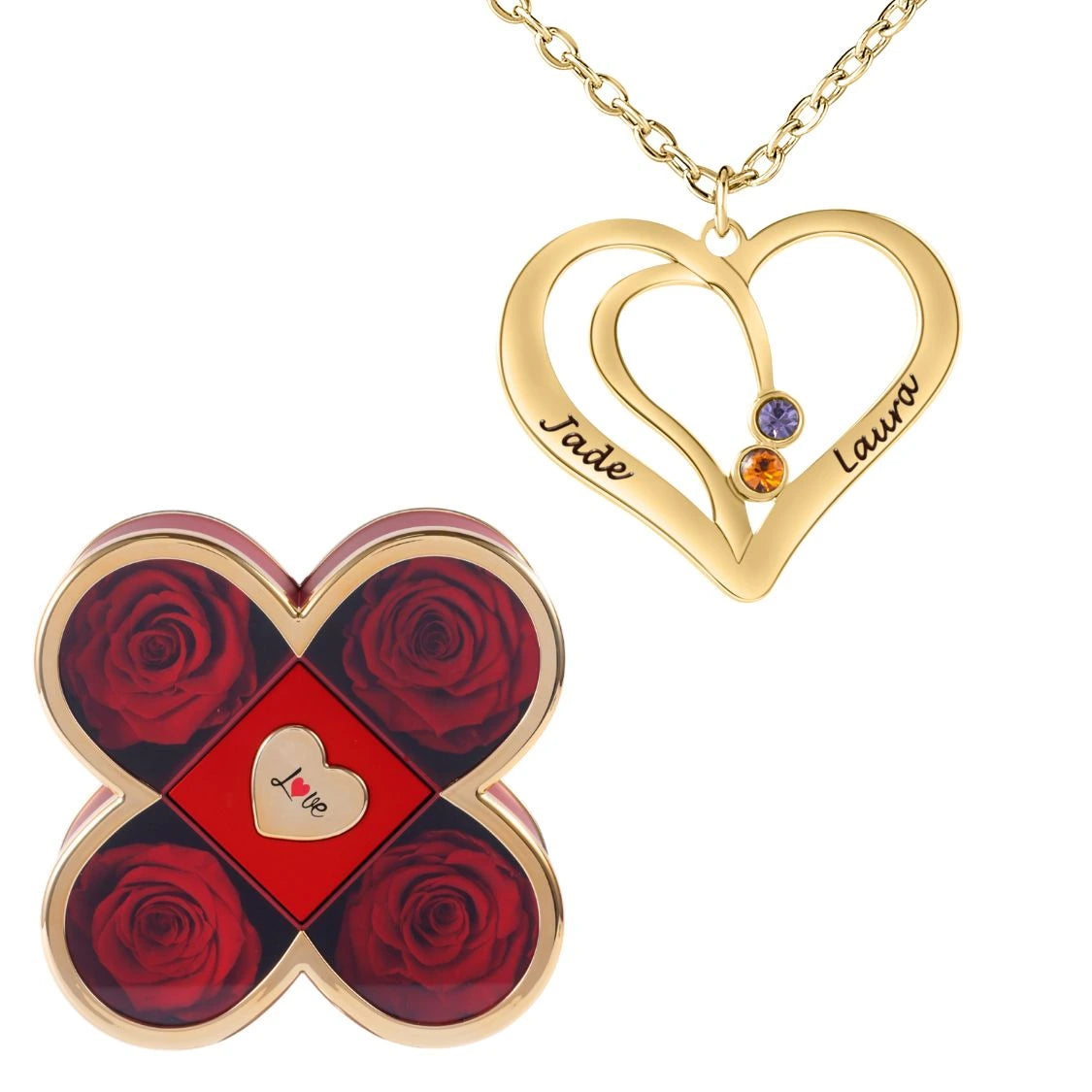 Coffret Chance Éternelle & Collier Cœur Entrelacé avec Prénoms Gravés et Pierres de Naissance