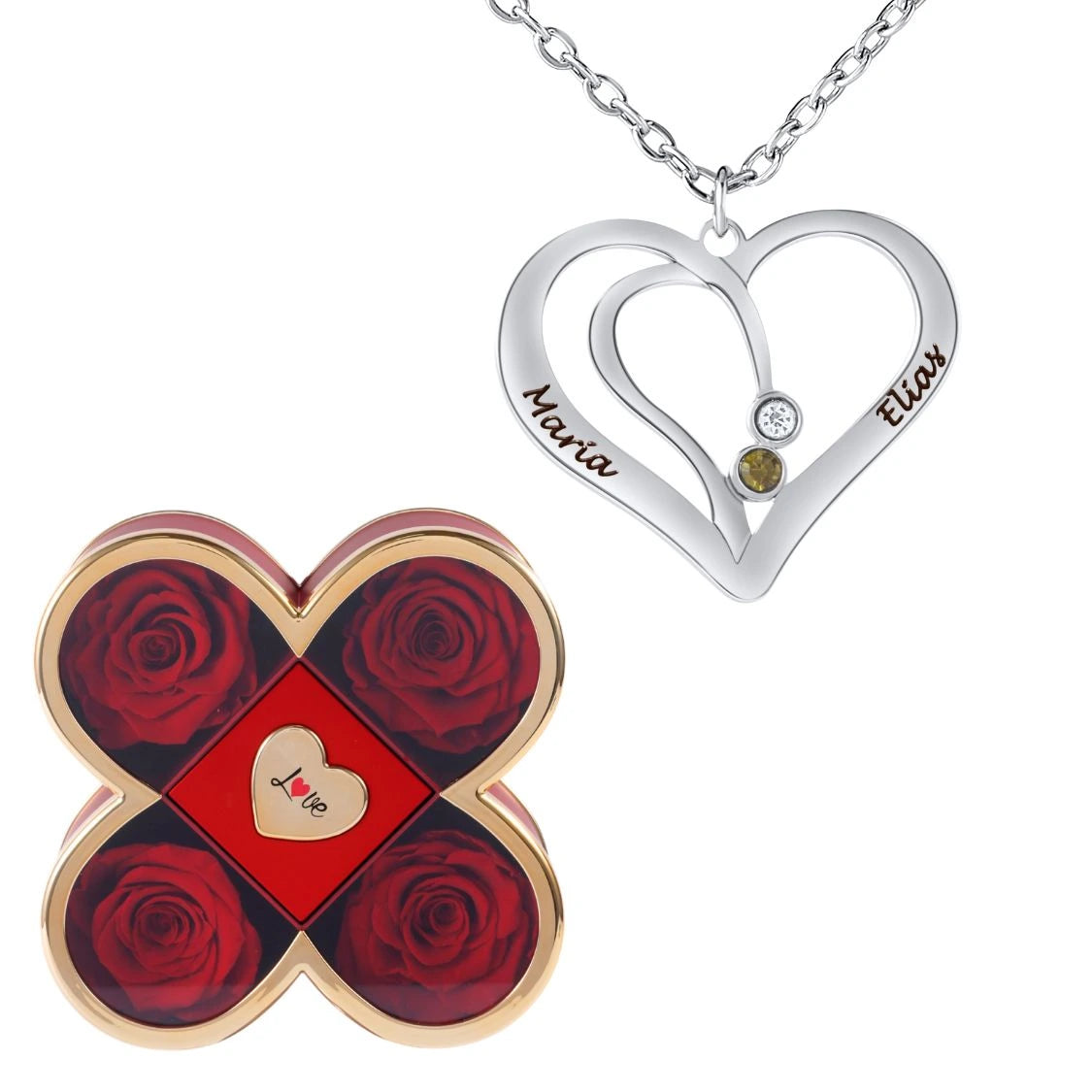 Coffret Chance Éternelle & Collier Cœur Entrelacé avec Prénoms Gravés et Pierres de Naissance