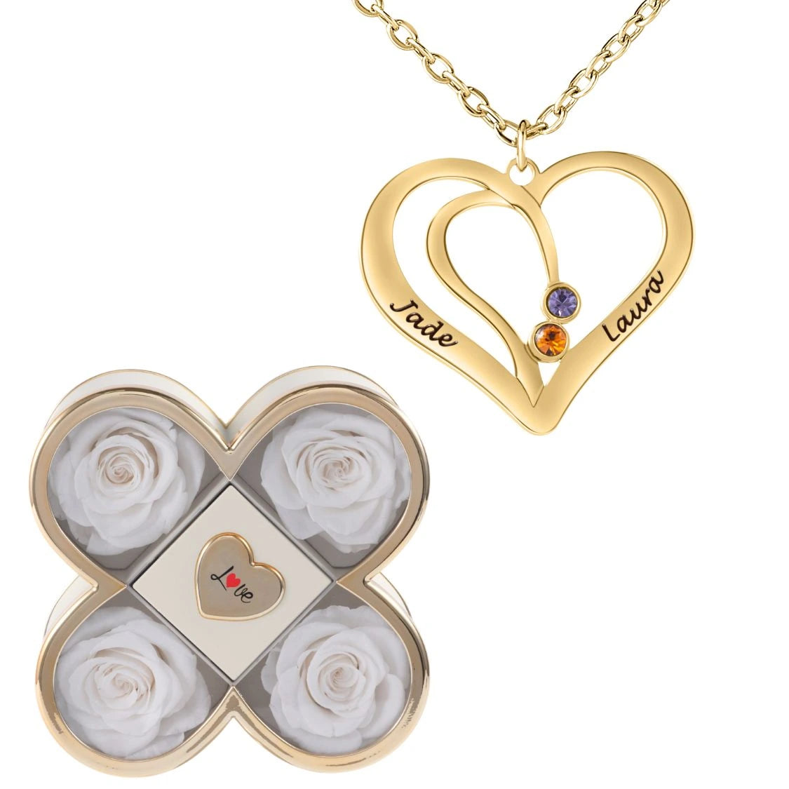 Coffret Chance Éternelle & Collier Cœur Entrelacé avec Prénoms Gravés et Pierres de Naissance