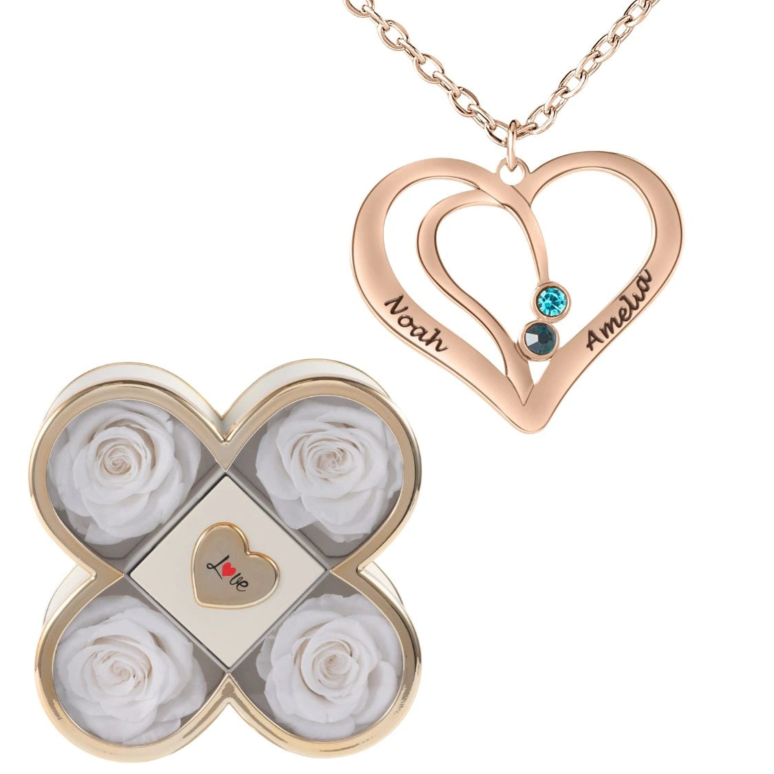 Coffret Chance Éternelle & Collier Cœur Entrelacé avec Prénoms Gravés et Pierres de Naissance
