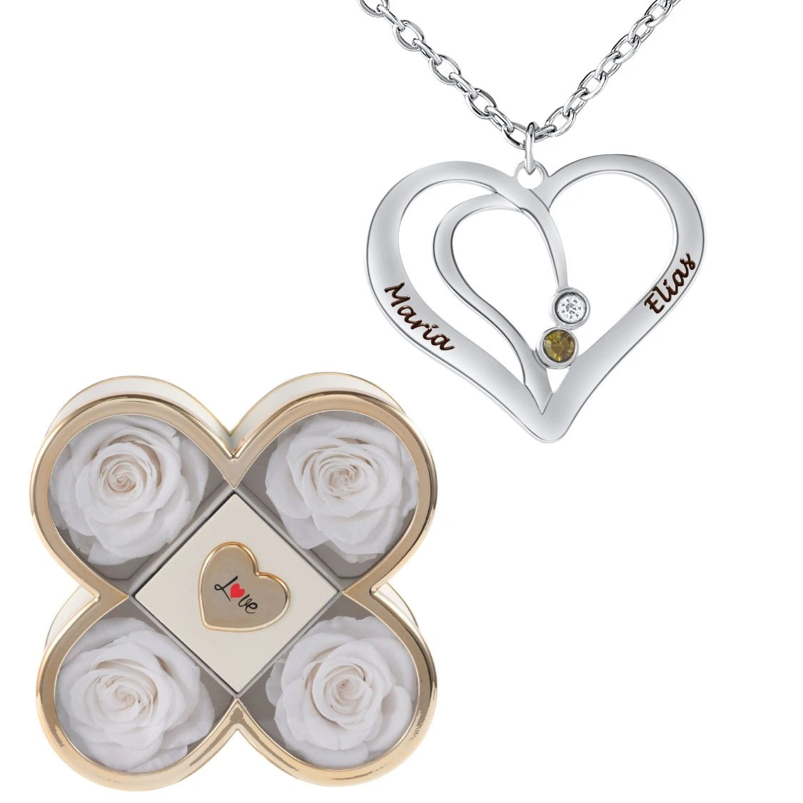 Coffret Chance Éternelle & Collier Cœur Entrelacé avec Prénoms Gravés et Pierres de Naissance