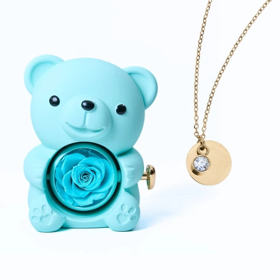 Ours Rose Éternelle & Collier Disque Personnalisé
