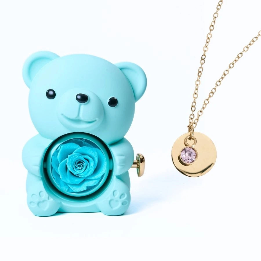 Ours Rose Éternelle & Collier Disque Personnalisé
