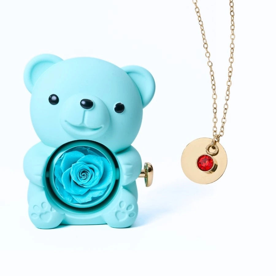 Ours Rose Éternelle & Collier Disque Personnalisé