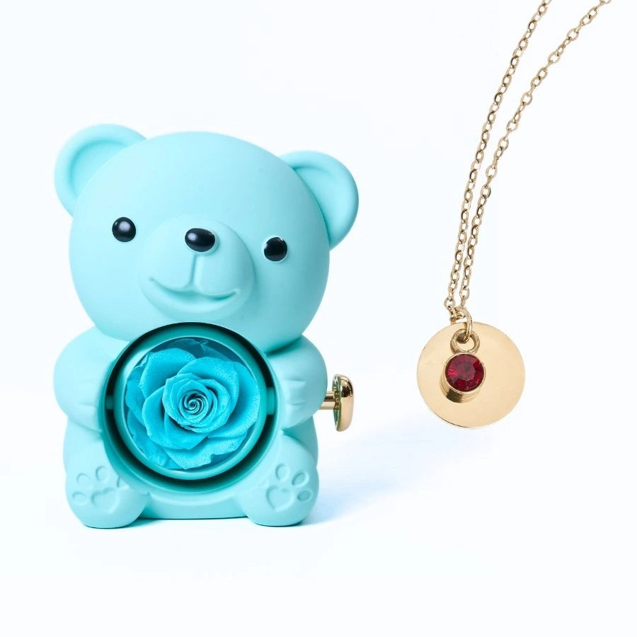Ours Rose Éternelle & Collier Disque Personnalisé