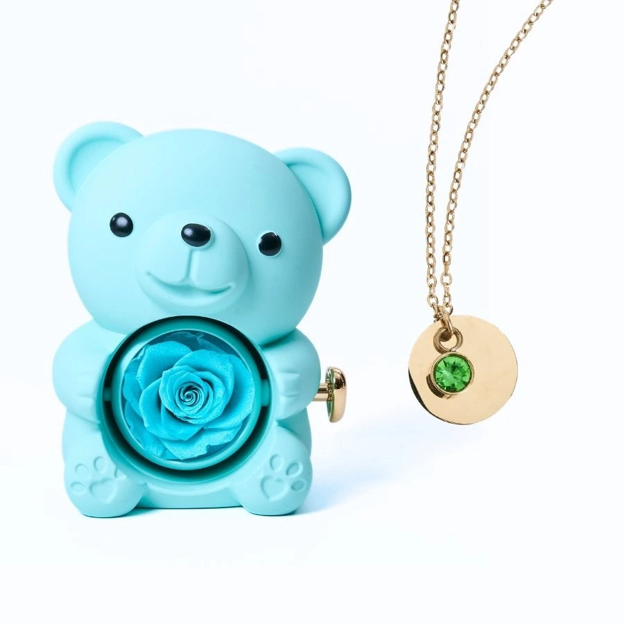 Ours Rose Éternelle & Collier Disque Personnalisé