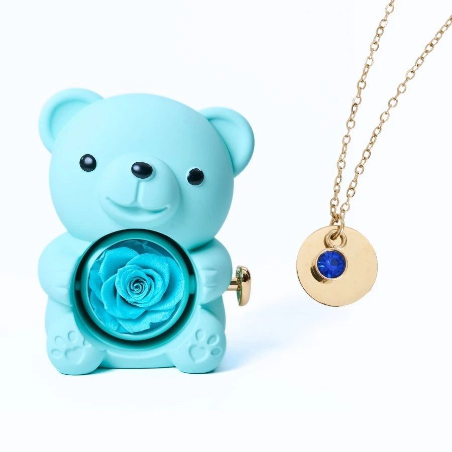 Ours Rose Éternelle & Collier Disque Personnalisé