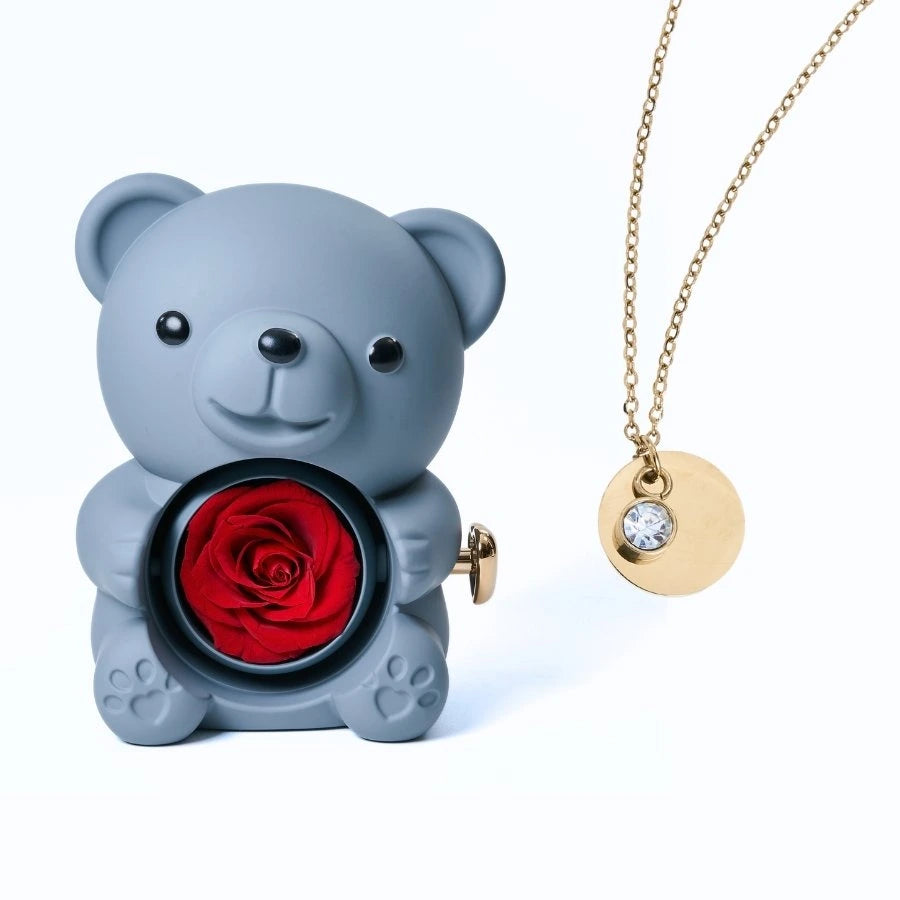 Ours Rose Éternelle & Collier Disque Personnalisé