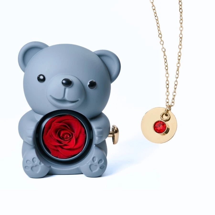 Ours Rose Éternelle & Collier Disque Personnalisé