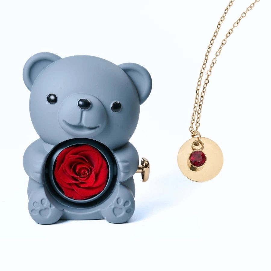 Ours Rose Éternelle & Collier Disque Personnalisé
