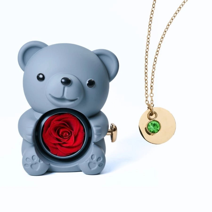 Ours Rose Éternelle & Collier Disque Personnalisé