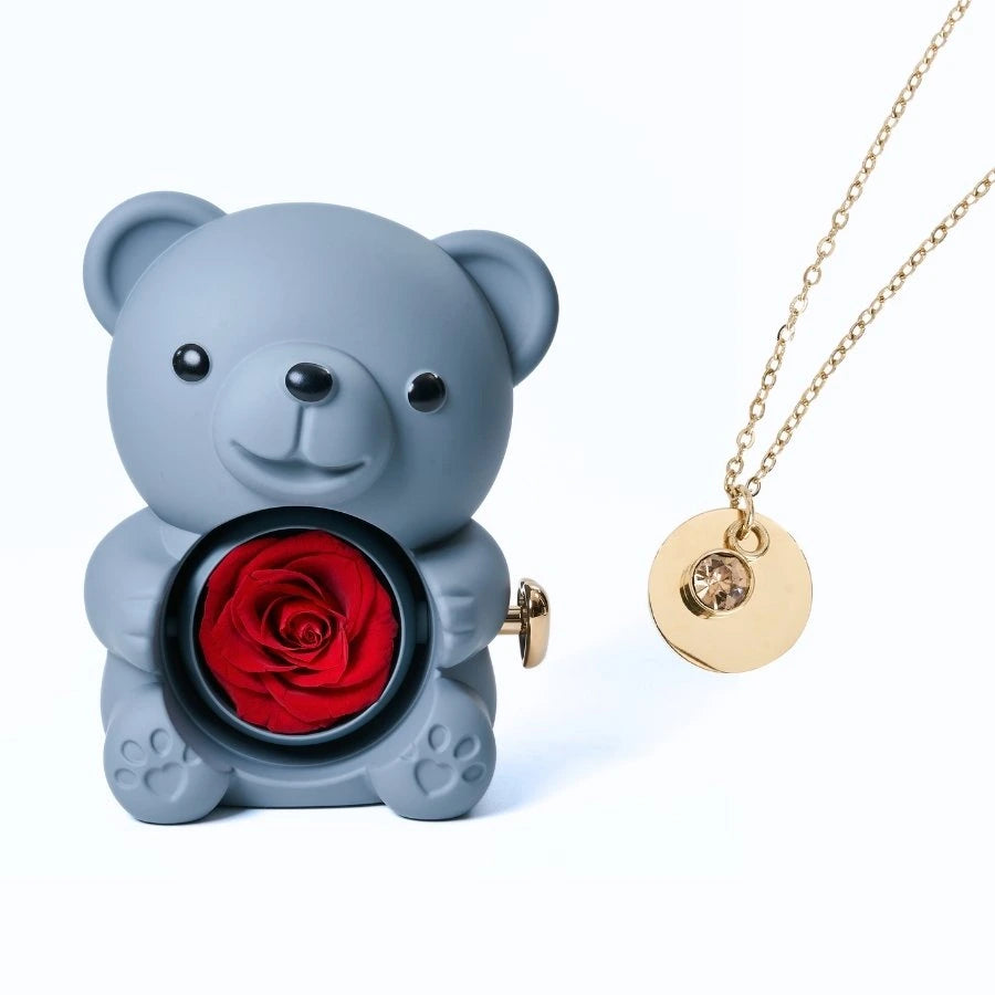 Ours Rose Éternelle & Collier Disque Personnalisé