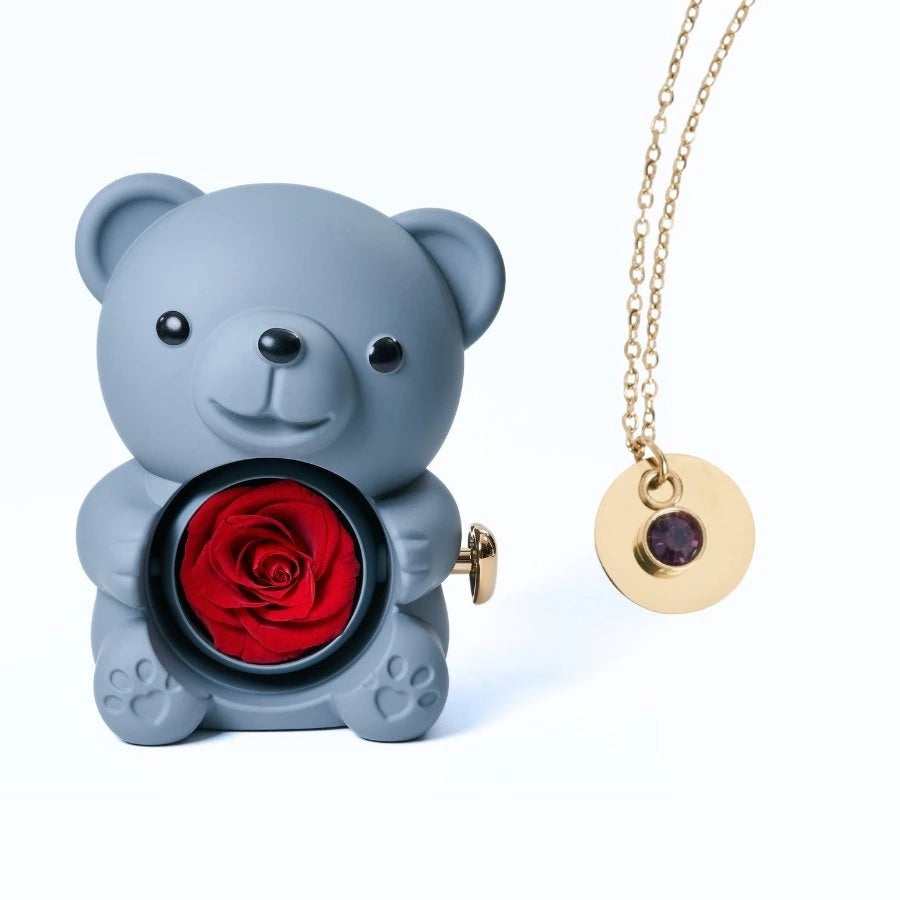 Ours Rose Éternelle & Collier Disque Personnalisé