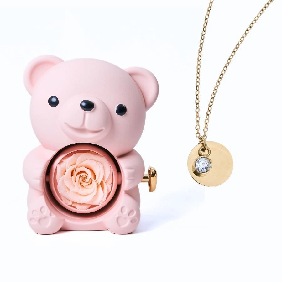 Ours Rose Éternelle & Collier Disque Personnalisé