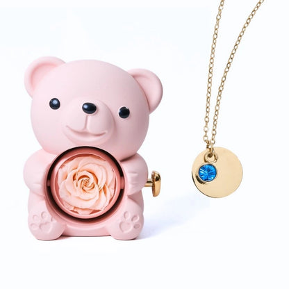 Ours Rose Éternelle & Collier Disque Personnalisé