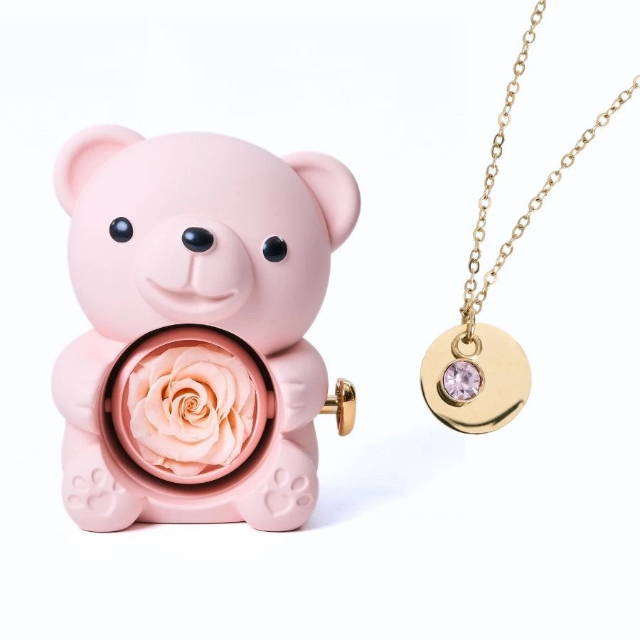 Ours Rose Éternelle & Collier Disque Personnalisé