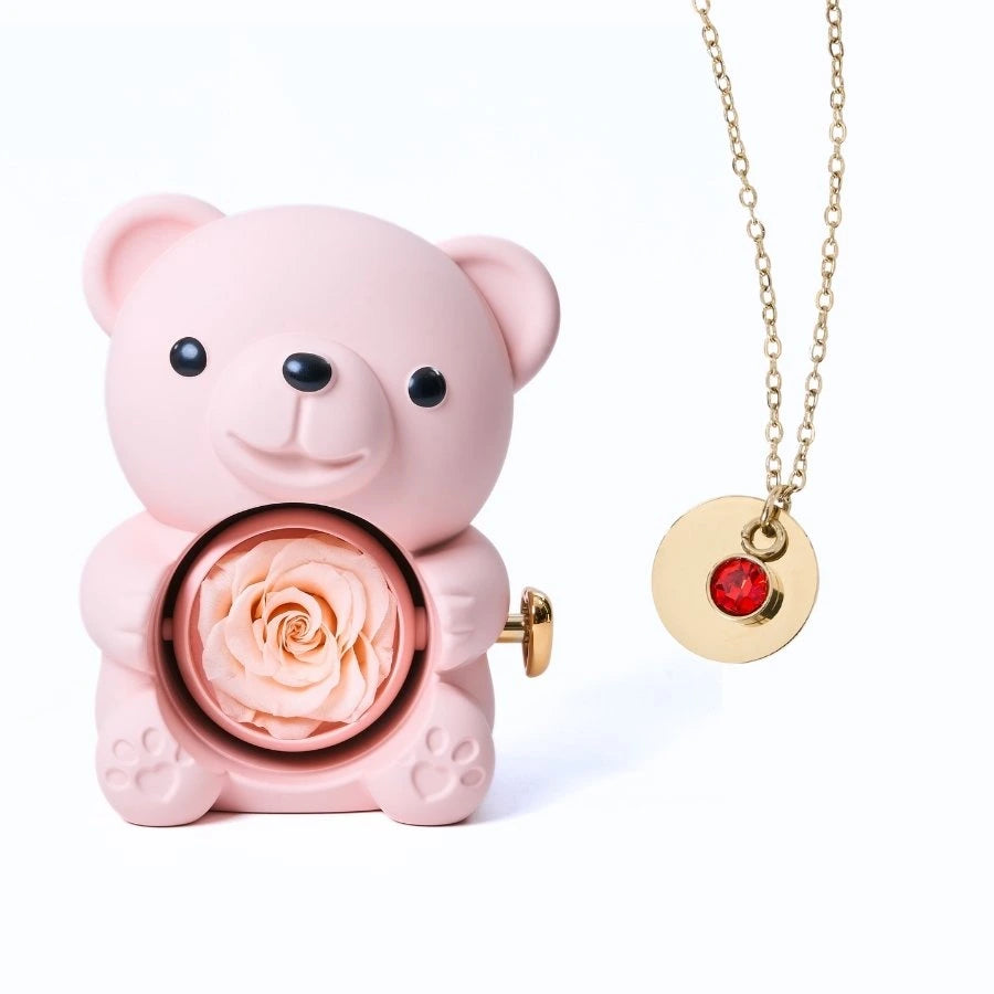 Ours Rose Éternelle & Collier Disque Personnalisé