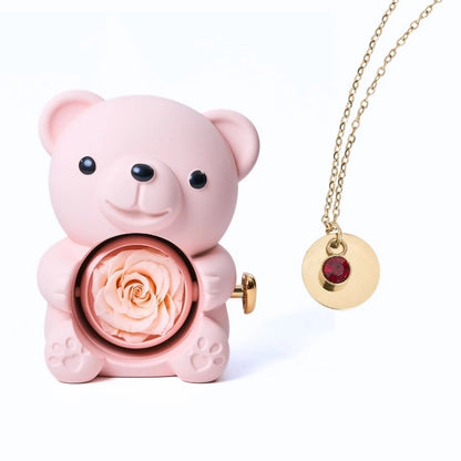 Ours Rose Éternelle & Collier Disque Personnalisé