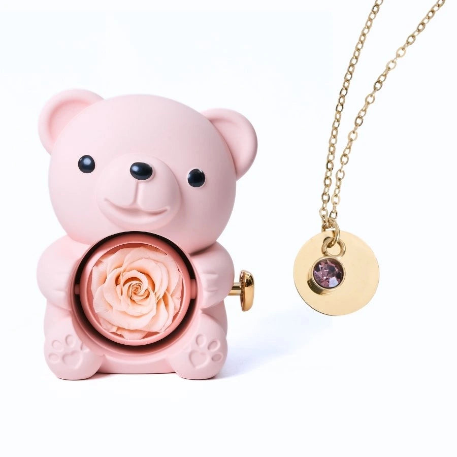 Ours Rose Éternelle & Collier Disque Personnalisé
