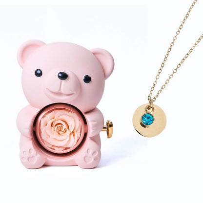 Ours Rose Éternelle & Collier Disque Personnalisé