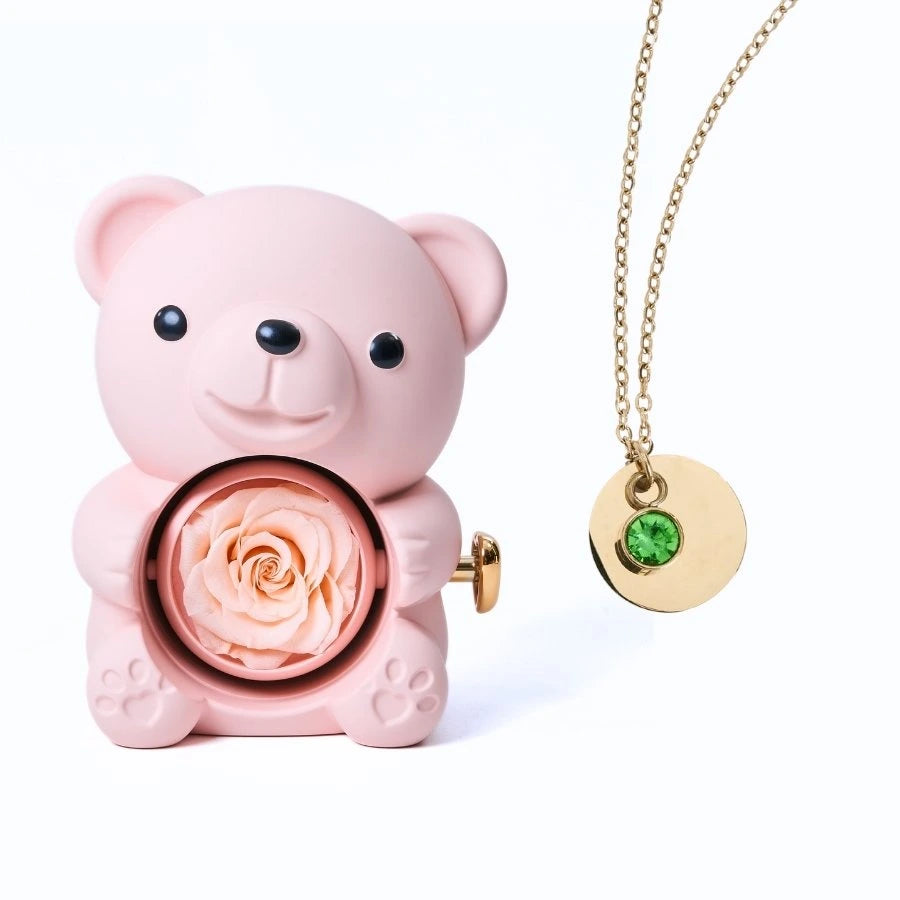Ours Rose Éternelle & Collier Disque Personnalisé