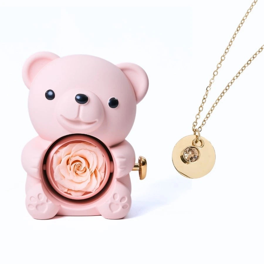 Ours Rose Éternelle & Collier Disque Personnalisé