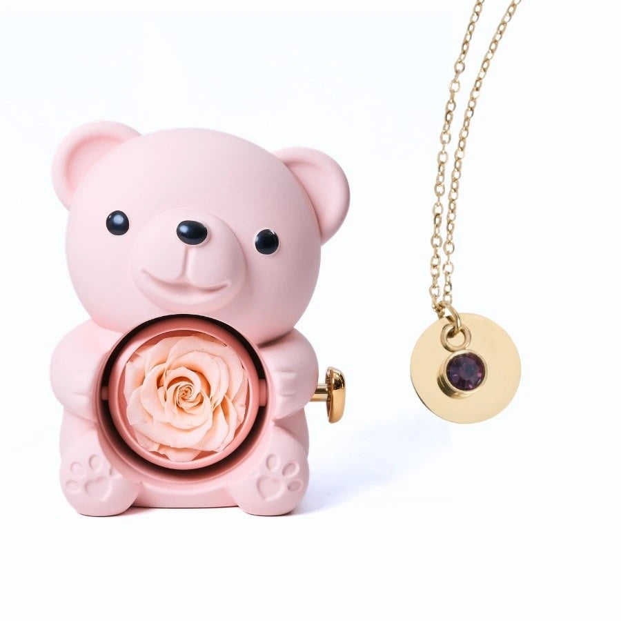 Ours Rose Éternelle & Collier Disque Personnalisé