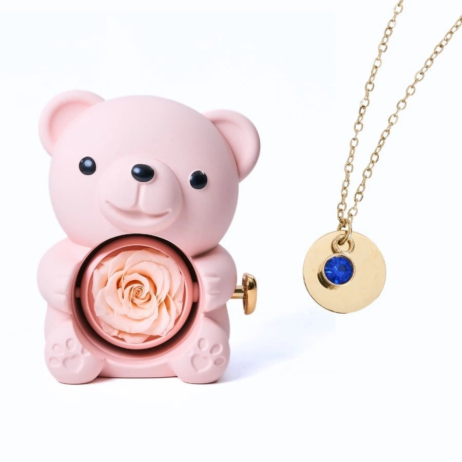 Ours Rose Éternelle & Collier Disque Personnalisé