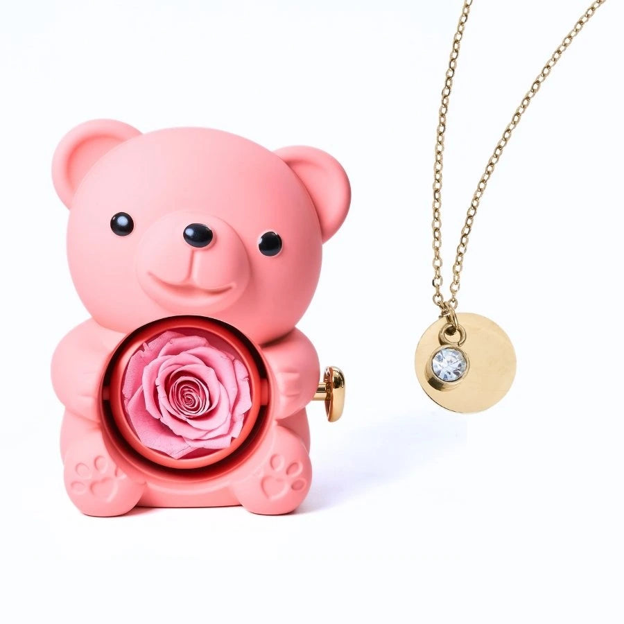 Ours Rose Éternelle & Collier Disque Personnalisé