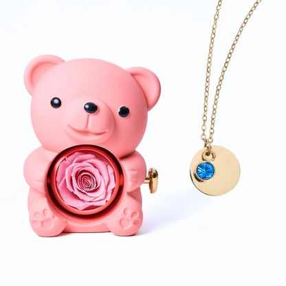 Ours Rose Éternelle & Collier Disque Personnalisé
