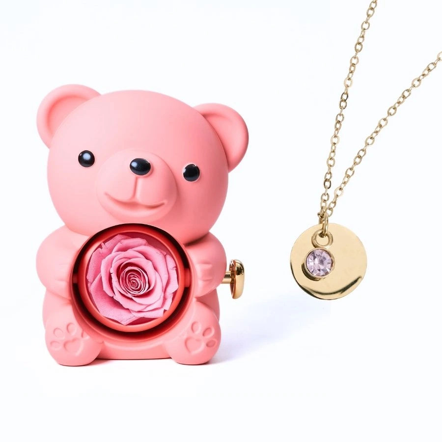 Ours Rose Éternelle & Collier Disque Personnalisé