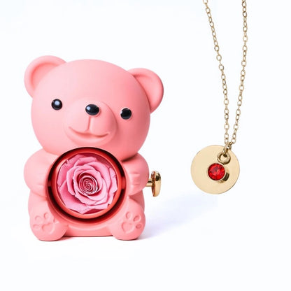 Ours Rose Éternelle & Collier Disque Personnalisé