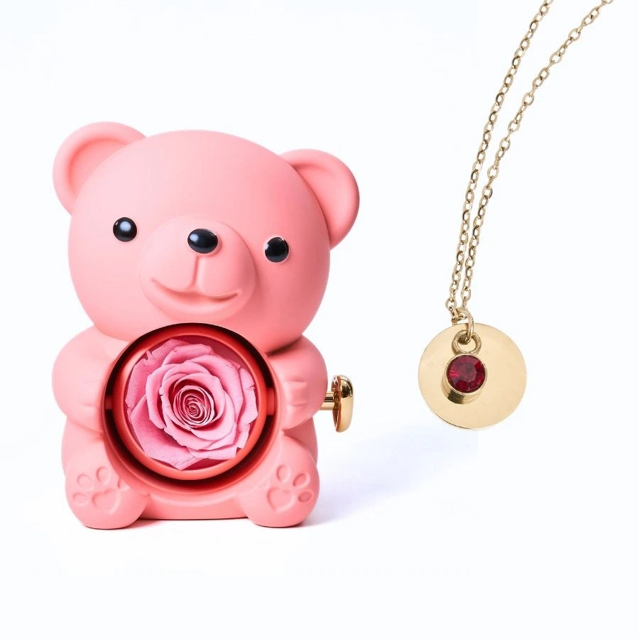Ours Rose Éternelle & Collier Disque Personnalisé