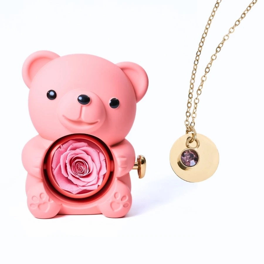 Ours Rose Éternelle & Collier Disque Personnalisé